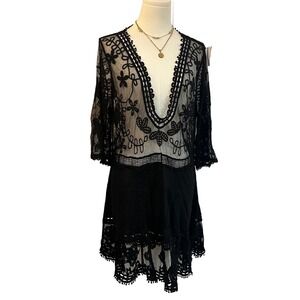 BSUBSEACH Black Sheer Lace Boho Fairycore‎ Festival Layering Top Mini Dress OS